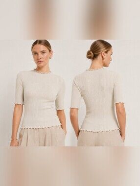 Nwt Karen by Simonsen Candace Ribbed Knit Top Tee Oatmeal Lettuce Hem